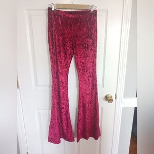 Fasionomic Fit and Flare Leg Crushed Velvet Pants Burgundy retro rock whimsigoth